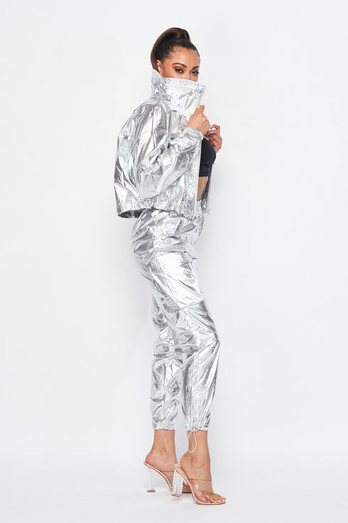 Metallic Pullover Tracksuit Pants Set - Silver - SohoGirl.com